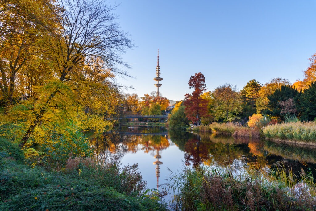 Herbstliche Landschaft im Stadtpark Planten un Blomen in Hamburg, mit buntem Laub und idyllischen Wegen.